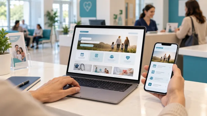 Sağlık merkezinin erişilebilir web sitesini bilgisayar ve telefondan inceleyen ziyaretçi